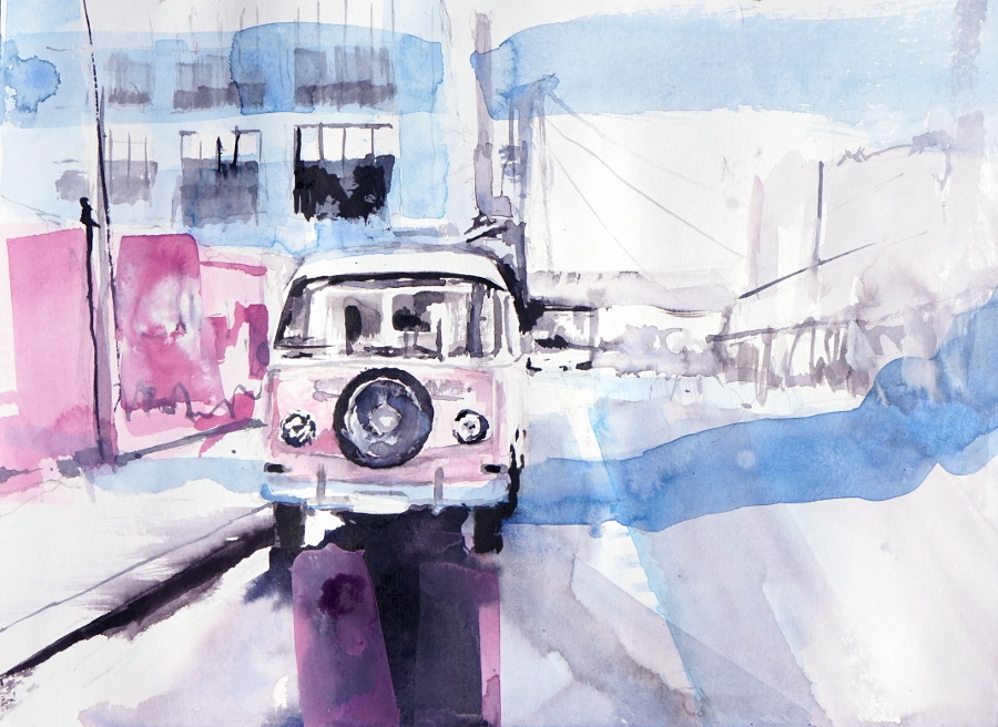 vw bus aquarell sixties watercolour